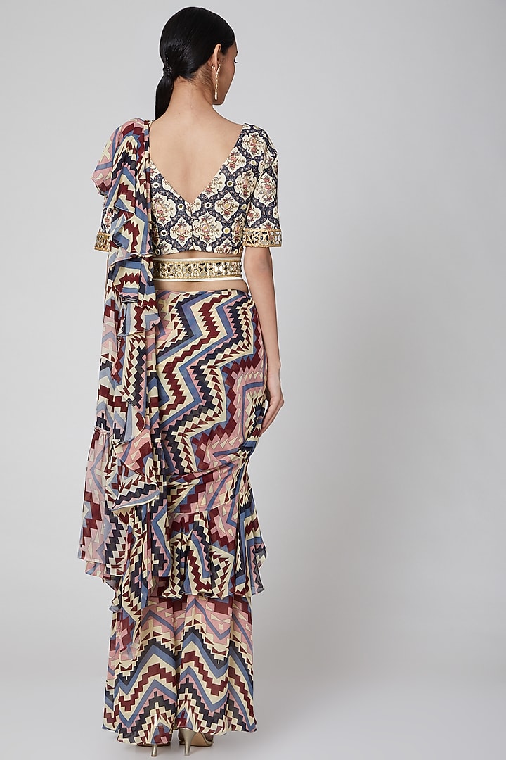 Cream Georgette Aztec Digital Printed Wedding Saree Set by CHARU PARASHAR at Pernia's Pop Up Shop