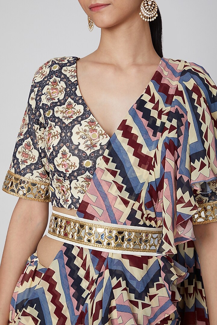 Cream Georgette Aztec Digital Printed Wedding Saree Set by CHARU PARASHAR at Pernia's Pop Up Shop