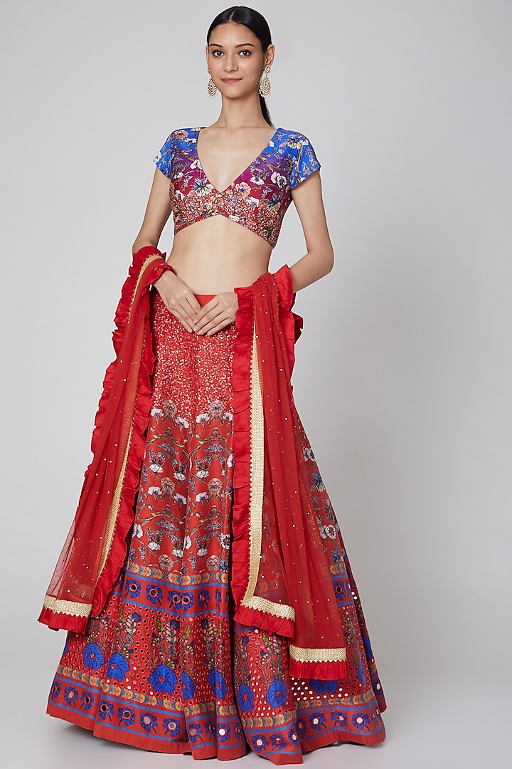 Red Printed Lehenga Set by CHARU PARASHAR