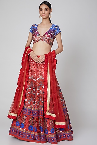 Red Printed Lehenga Set by CHARU PARASHAR