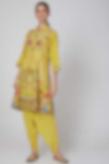 Yellow Printed Jacket With Dhoti by CHARU PARASHAR