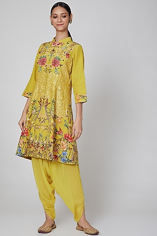 Yellow Printed Jacket With Dhoti by CHARU PARASHAR