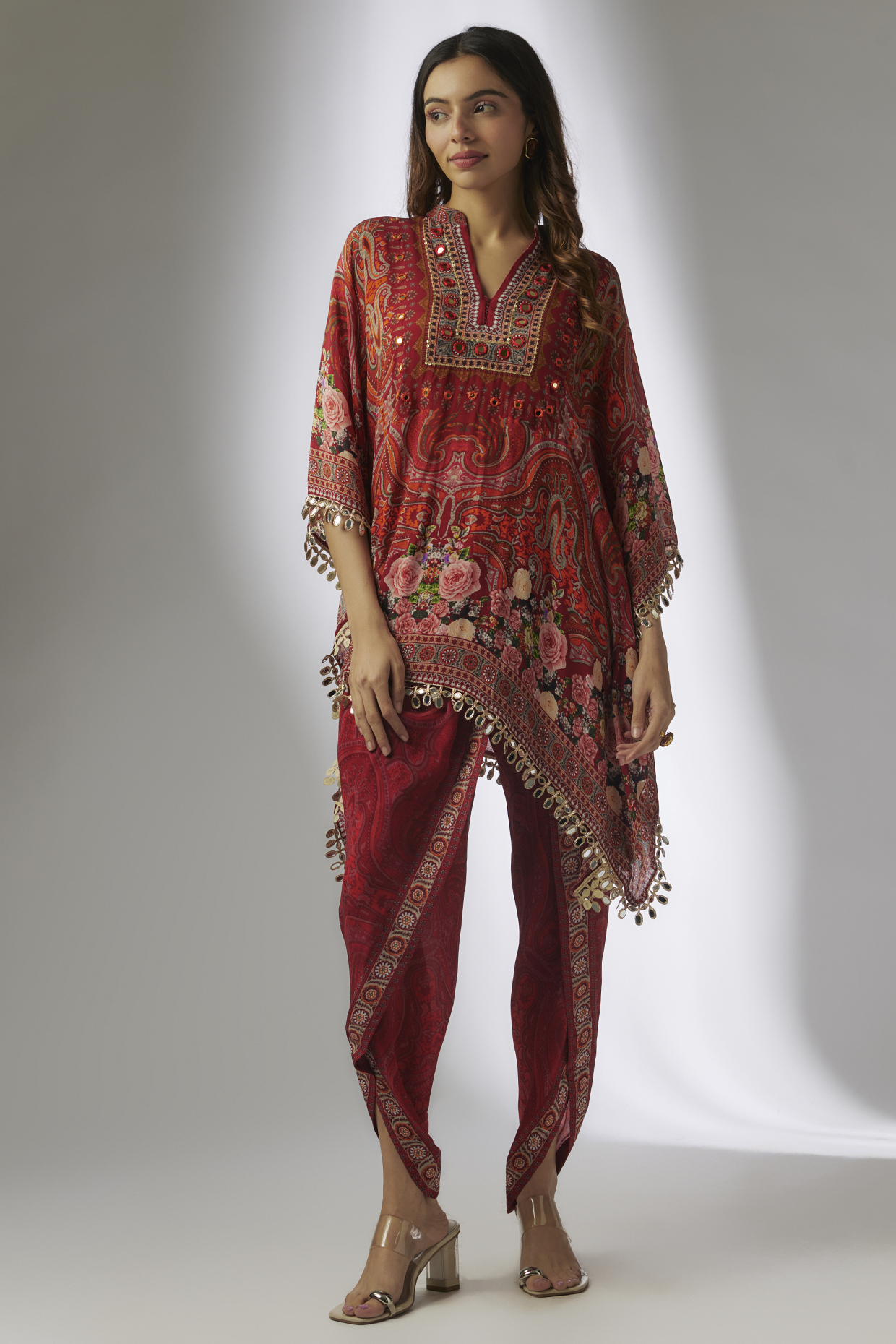 Red Crepe Digital Printed & Hand Embroidered Dhoti Set by CHARU PARASHAR at Pernia's Pop Up Shop