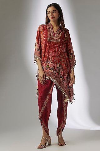 Red Crepe Digital Printed & Hand Embroidered Dhoti Set by CHARU PARASHAR