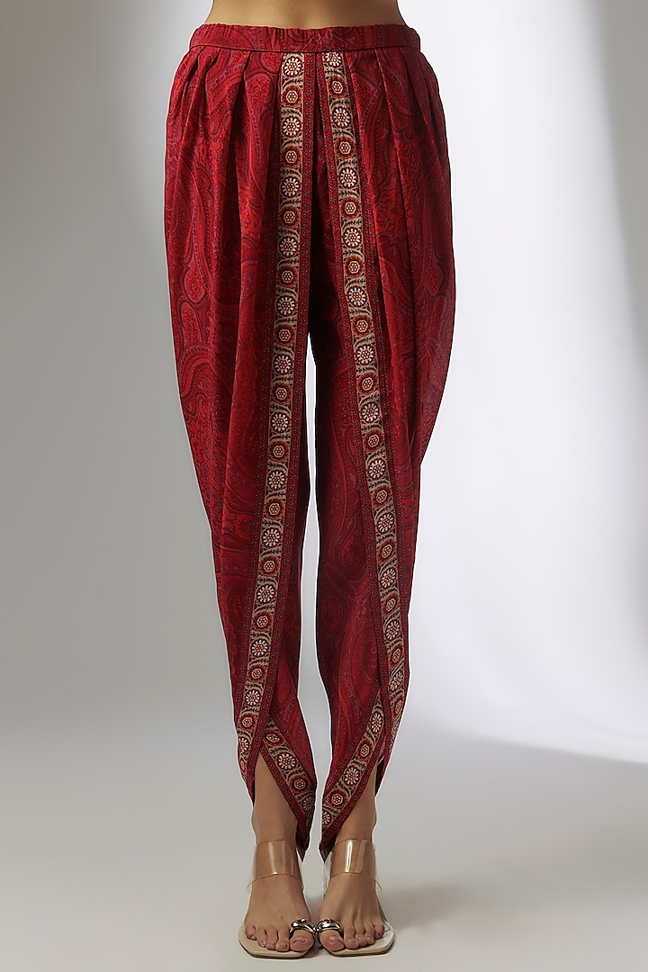 Red Crepe Digital Printed & Hand Embroidered Dhoti Set by CHARU PARASHAR at Pernia's Pop Up Shop