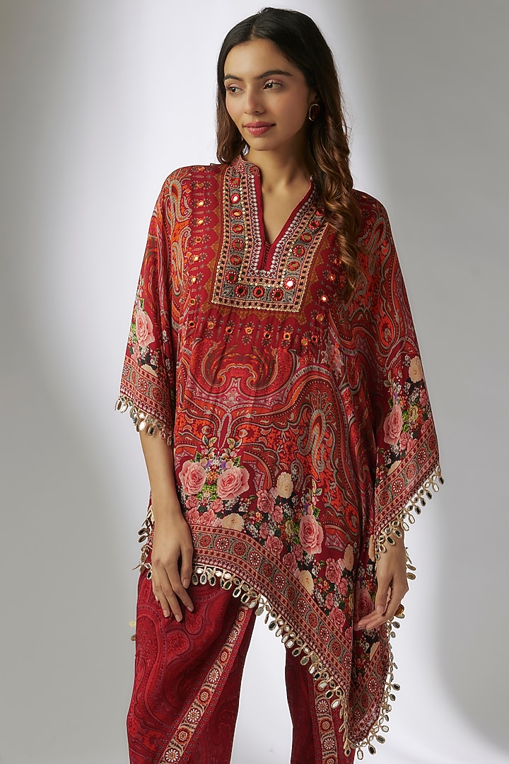 Red Crepe Digital Printed & Hand Embroidered Dhoti Set by CHARU PARASHAR at Pernia's Pop Up Shop