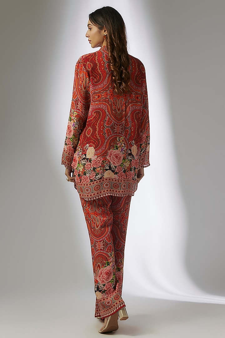 Red Crepe Digital Printed & Hand Embroidered Pant Set by CHARU PARASHAR at Pernia's Pop Up Shop