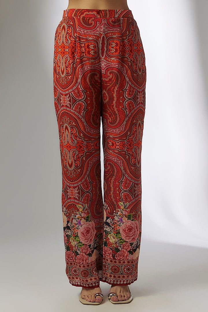 Red Crepe Digital Printed & Hand Embroidered Pant Set by CHARU PARASHAR at Pernia's Pop Up Shop