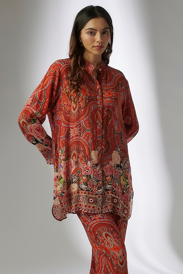 Red Crepe Digital Printed & Hand Embroidered Pant Set by CHARU PARASHAR at Pernia's Pop Up Shop