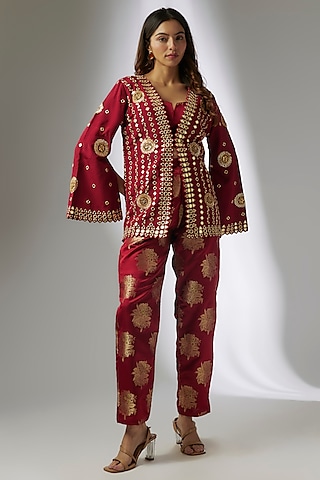 Red Crepe & Silk Brocade Digital Printed Blazer Set by CHARU PARASHAR