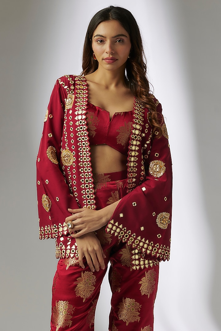Red Crepe & Silk Brocade Digital Printed Blazer Set by CHARU PARASHAR at Pernia's Pop Up Shop