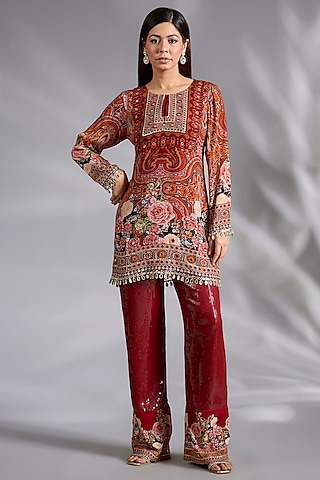 Red Crepe Floral Digital Printed Short Kurta Set by CHARU PARASHAR