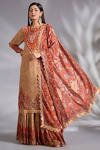 Beige Georgette Jamawar Printed Sharara Set by CHARU PARASHAR