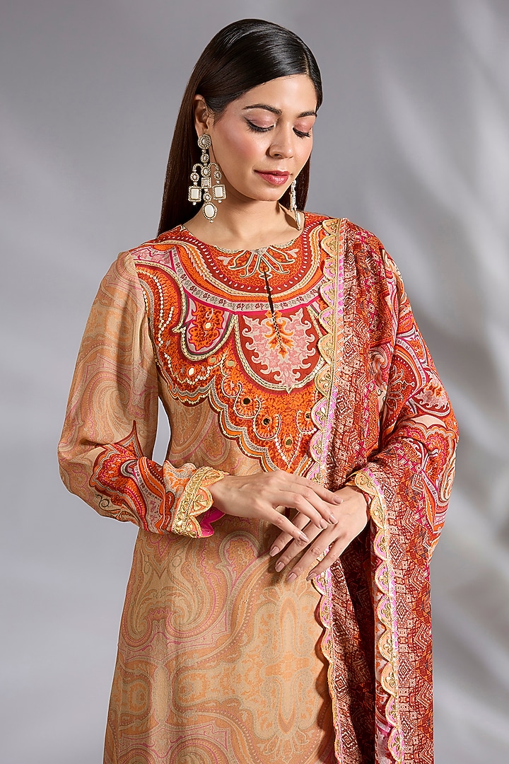 Beige Georgette Jamawar Printed Wedding Sharara Set by CHARU PARASHAR at Pernia's Pop Up Shop