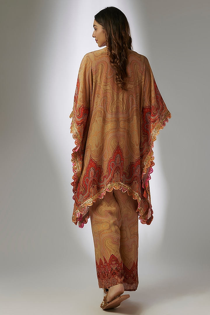Beige Crepe Mirror Work Resham Hand Embroidered Kaftan Set by CHARU PARASHAR at Pernia's Pop Up Shop