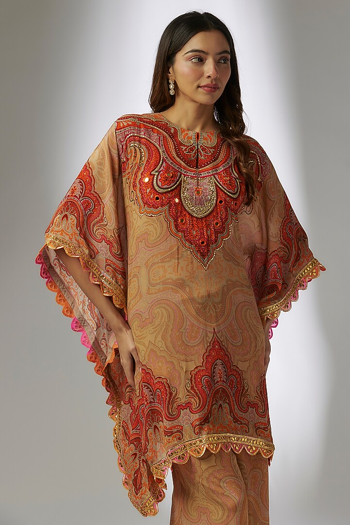 Beige Crepe Mirror Work Resham Hand Embroidered Kaftan Set by CHARU PARASHAR at Pernia's Pop Up Shop