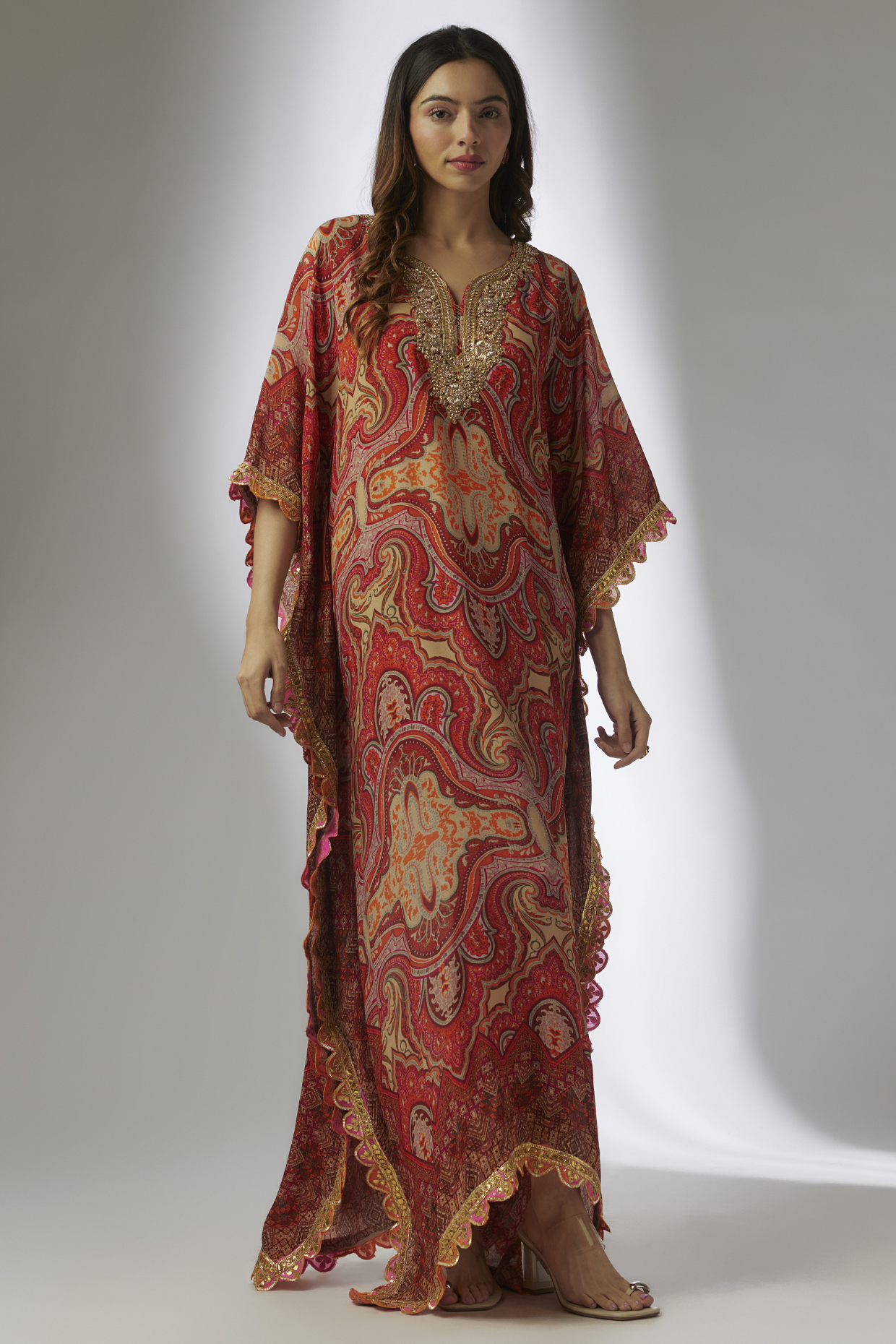 Beige Chiffon Digital Printed & Hand Embroidered Square Kaftan by CHARU PARASHAR at Pernia's Pop Up Shop