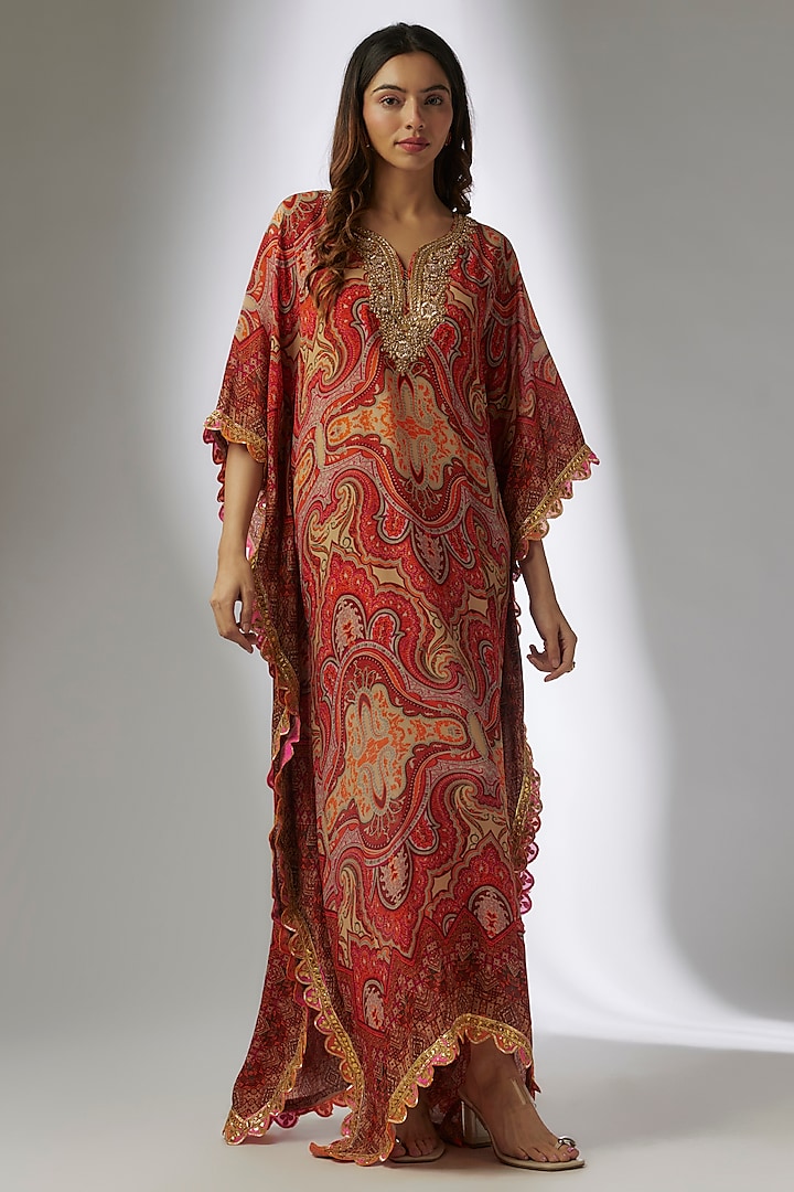 Beige Chiffon Digital Printed & Hand Embroidered Square Kaftan by CHARU PARASHAR at Pernia's Pop Up Shop