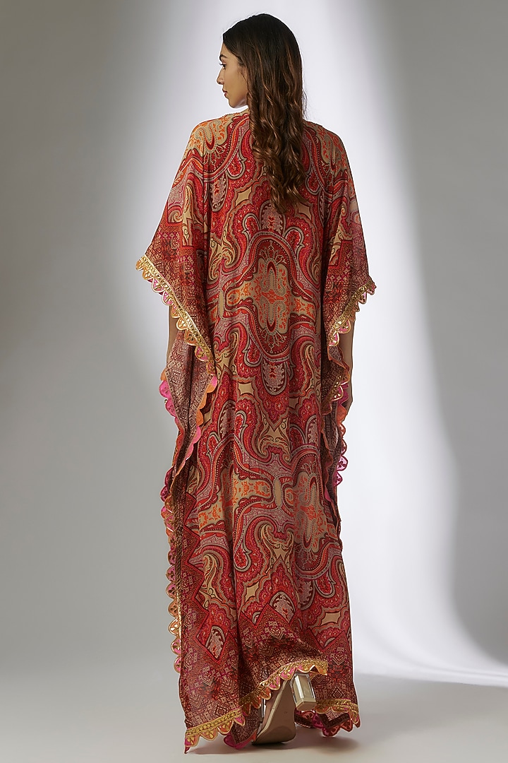 Beige Chiffon Digital Printed & Hand Embroidered Square Kaftan by CHARU PARASHAR at Pernia's Pop Up Shop
