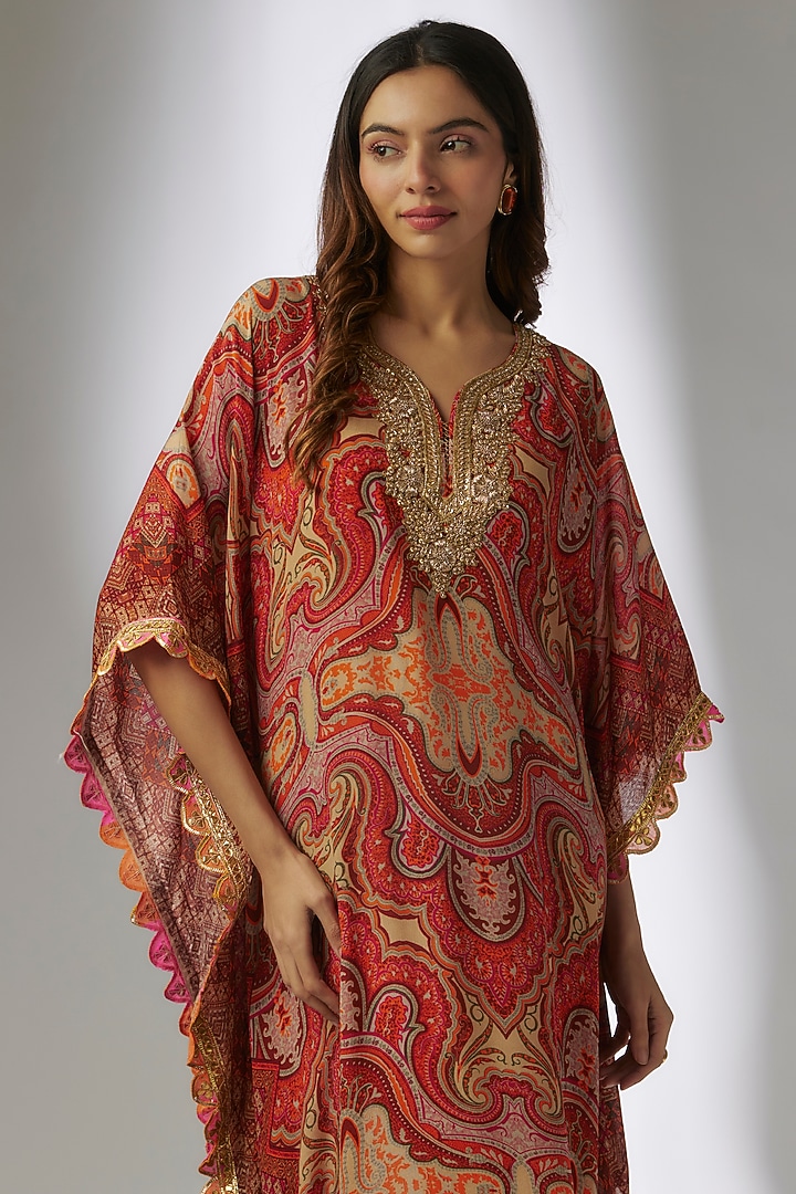Beige Chiffon Digital Printed & Hand Embroidered Square Kaftan by CHARU PARASHAR at Pernia's Pop Up Shop
