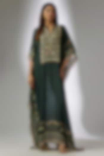 Forest Green Chiffon Digital Printed & Hand Embroidered Square Kaftan by CHARU PARASHAR at Pernia's Pop Up Shop