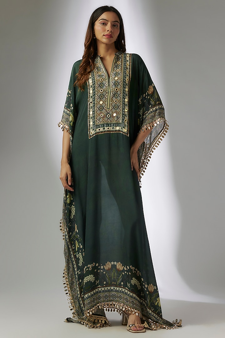 Forest Green Chiffon Digital Printed & Hand Embroidered Square Kaftan by CHARU PARASHAR at Pernia's Pop Up Shop