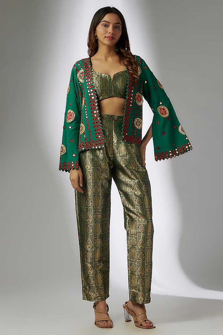 Green Crepe & Silk Brocade Digital Printed Blazer Set by CHARU PARASHAR at Pernia's Pop Up Shop