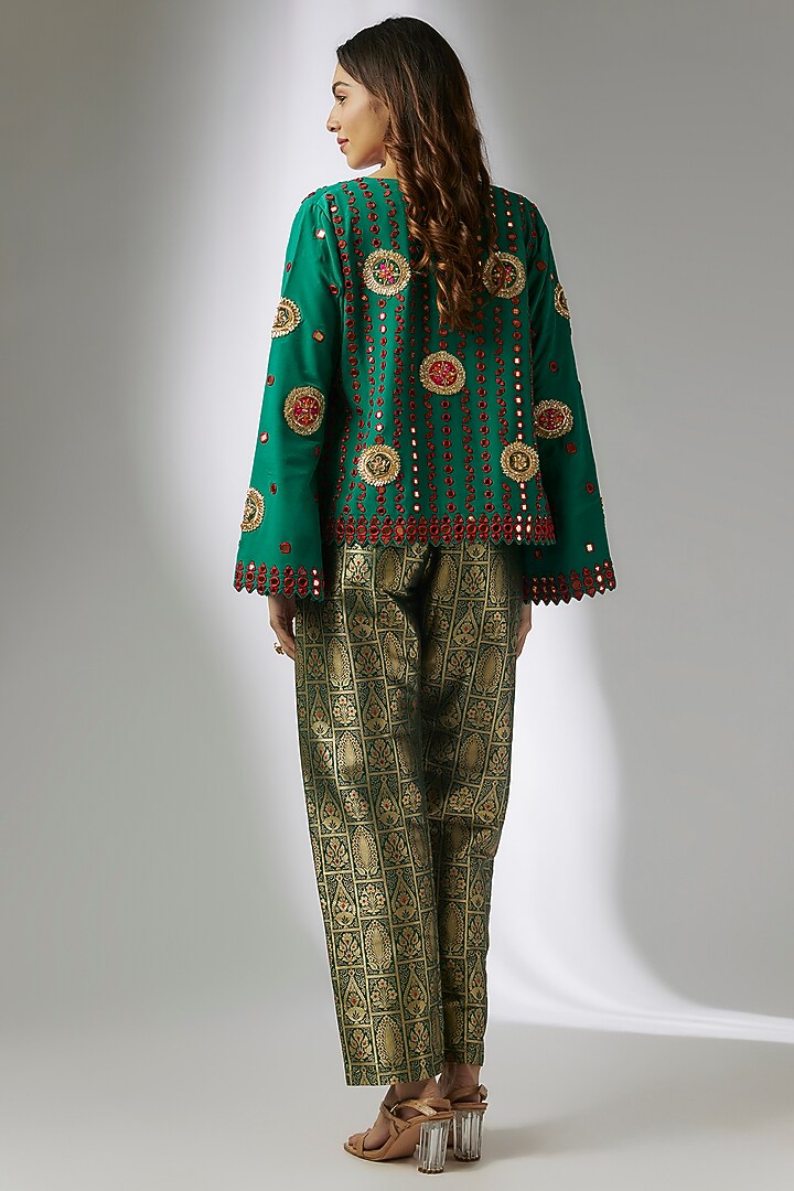 Green Crepe & Silk Brocade Digital Printed Blazer Set by CHARU PARASHAR at Pernia's Pop Up Shop