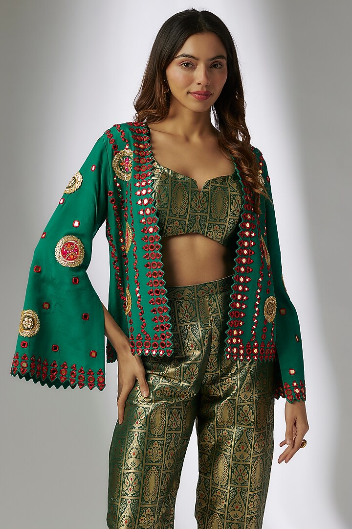 Green Crepe & Silk Brocade Digital Printed Blazer Set by CHARU PARASHAR at Pernia's Pop Up Shop