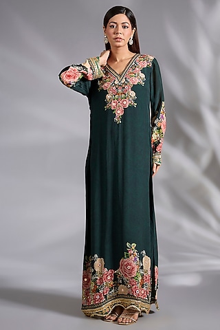 Black Crepe Floral Digital Printed A-Line Kurta by CHARU PARASHAR