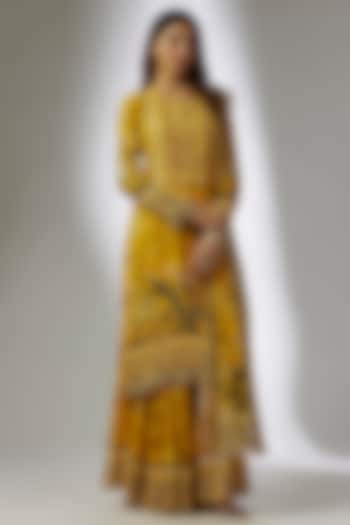 Yellow Georgette Digital Printed & Hand Embroidered Wedding Sharara Set by CHARU PARASHAR at Pernia's Pop Up Shop