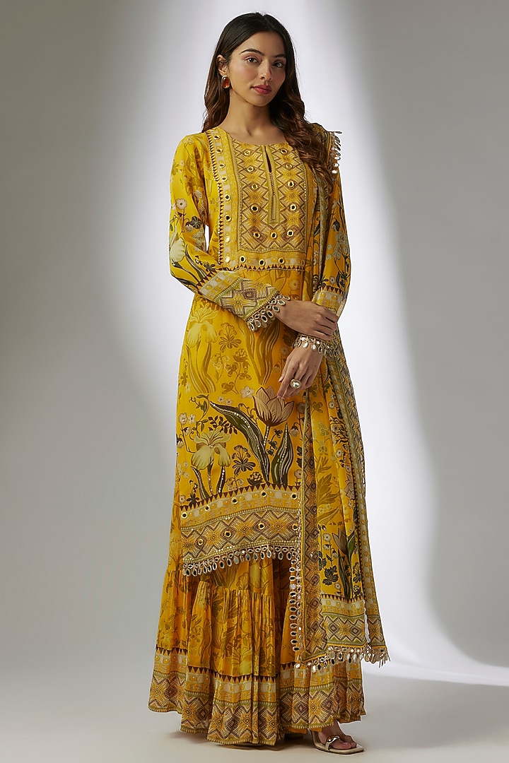Yellow Georgette Digital Printed & Hand Embroidered Wedding Sharara Set by CHARU PARASHAR at Pernia's Pop Up Shop
