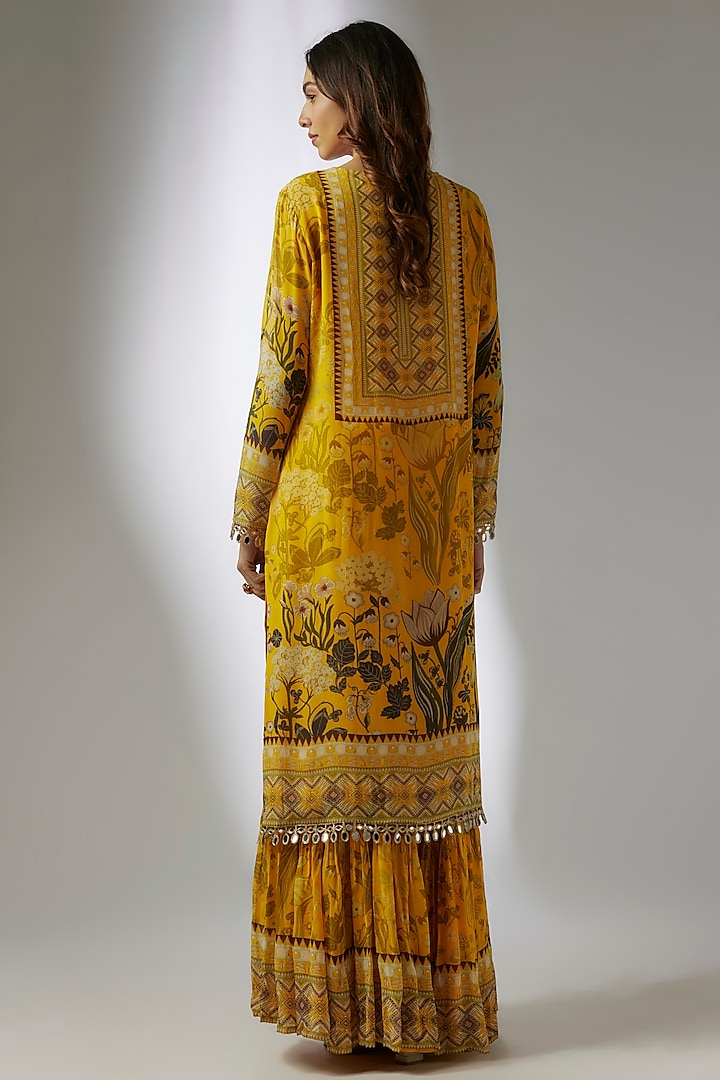 Yellow Georgette Digital Printed & Hand Embroidered Wedding Sharara Set by CHARU PARASHAR at Pernia's Pop Up Shop