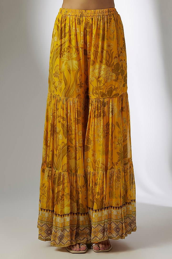 Yellow Georgette Digital Printed & Hand Embroidered Wedding Sharara Set by CHARU PARASHAR at Pernia's Pop Up Shop