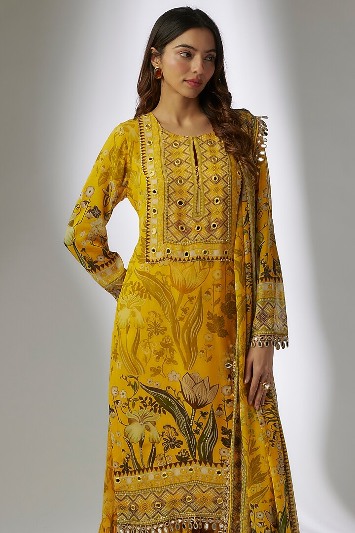Yellow Georgette Digital Printed & Hand Embroidered Wedding Sharara Set by CHARU PARASHAR at Pernia's Pop Up Shop