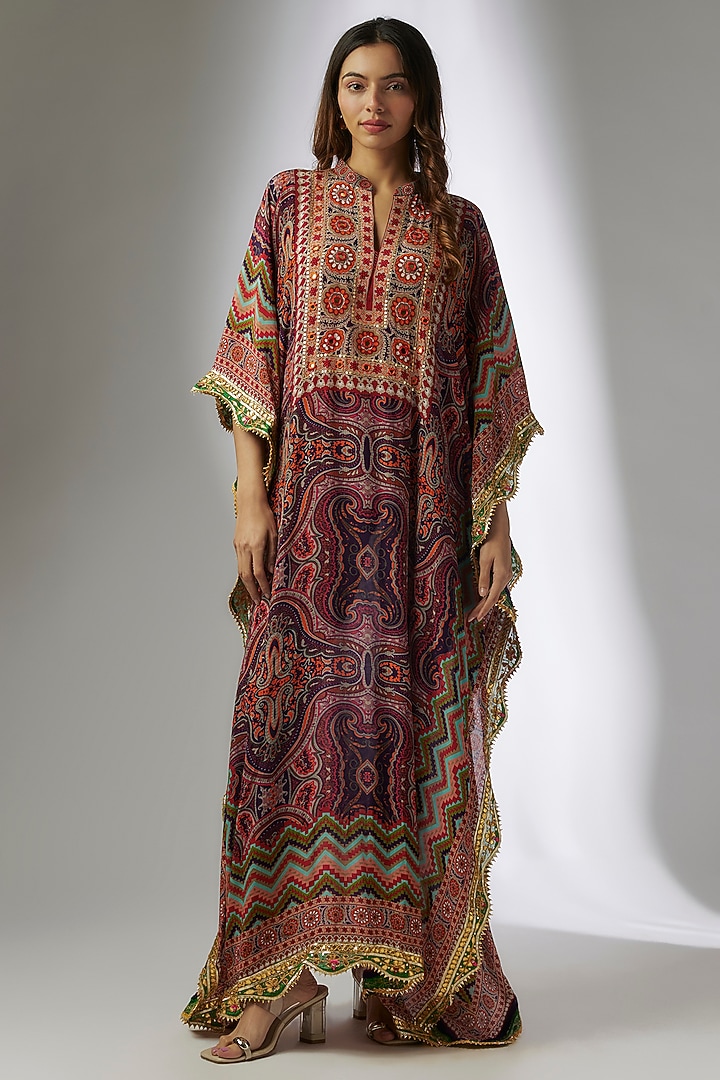 Purple Crepe Digital Printed & Hand Embroidered Jamawar Square Kaftan by CHARU PARASHAR at Pernia's Pop Up Shop