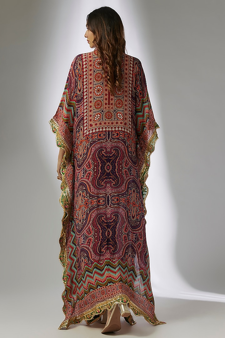 Purple Crepe Digital Printed & Hand Embroidered Jamawar Square Kaftan by CHARU PARASHAR at Pernia's Pop Up Shop