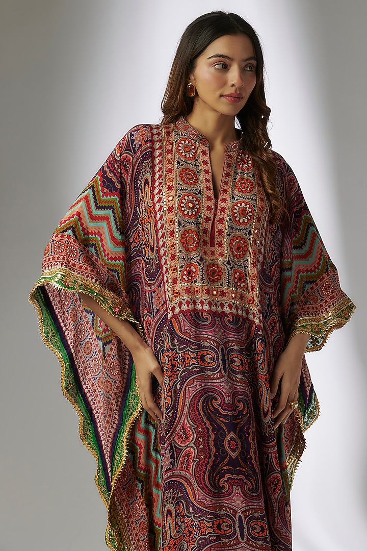 Purple Crepe Digital Printed & Hand Embroidered Jamawar Square Kaftan by CHARU PARASHAR at Pernia's Pop Up Shop