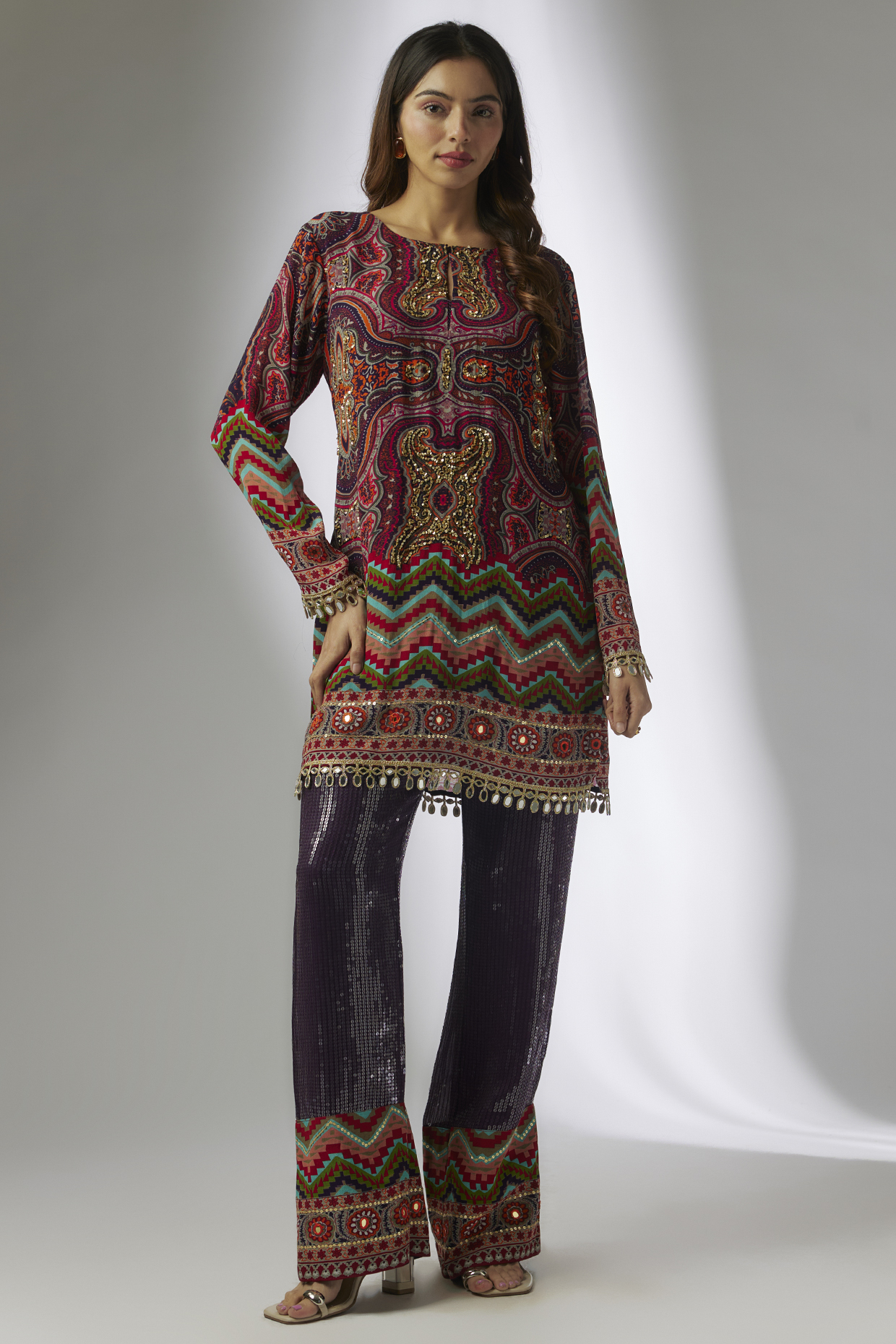 Purple Crepe & Georgette Sequins Digital Printed Jamawar Short Kurta Set by CHARU PARASHAR at Pernia's Pop Up Shop