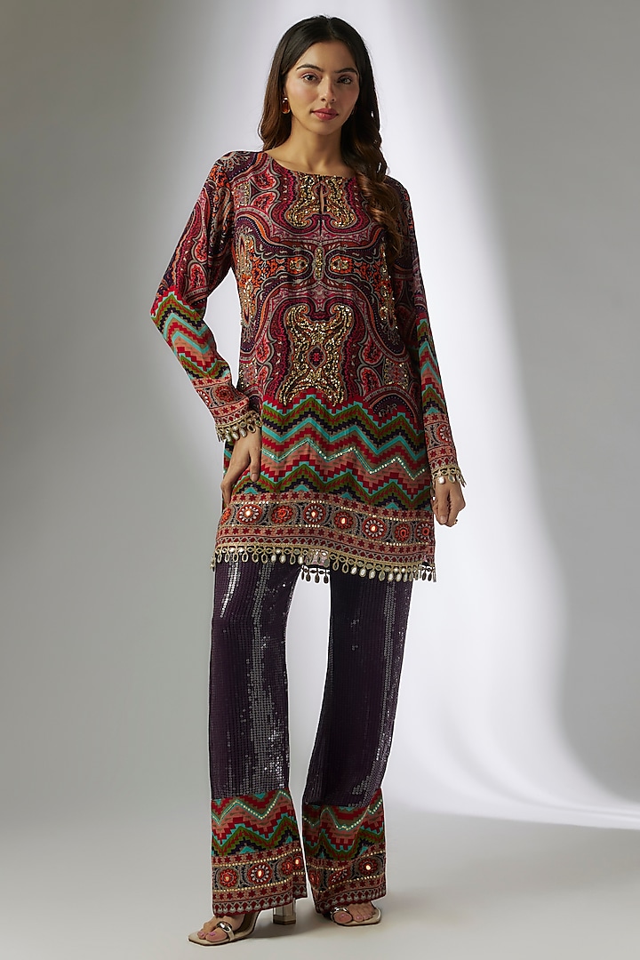 Purple Crepe & Georgette Sequins Digital Printed Jamawar Short Kurta Set by CHARU PARASHAR at Pernia's Pop Up Shop