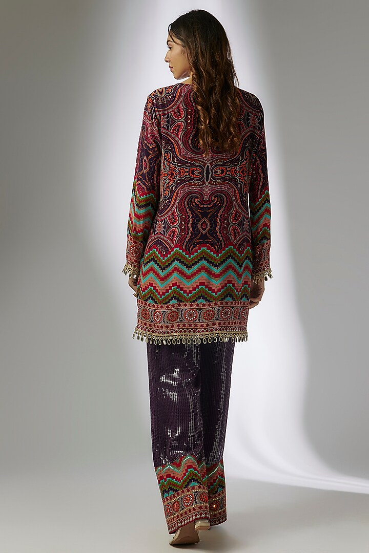 Purple Crepe & Georgette Sequins Digital Printed Jamawar Short Kurta Set by CHARU PARASHAR at Pernia's Pop Up Shop