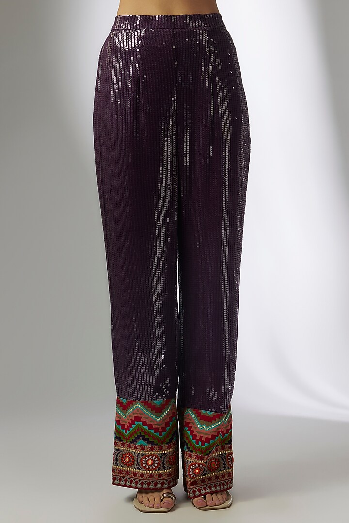 Purple Crepe & Georgette Sequins Digital Printed Jamawar Short Kurta Set by CHARU PARASHAR at Pernia's Pop Up Shop