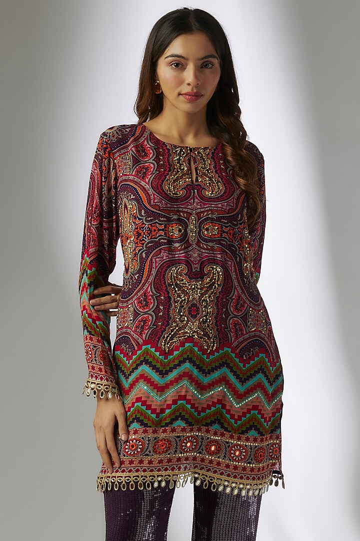 Purple Crepe & Georgette Sequins Digital Printed Jamawar Short Kurta Set by CHARU PARASHAR at Pernia's Pop Up Shop