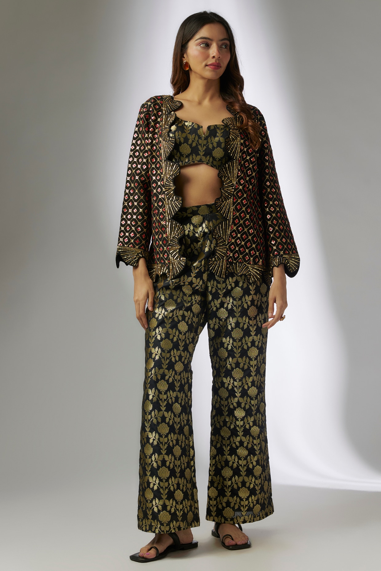 CHARU PARASHAR Black Crepe & Silk Brocade Digital Printed Blazer Set