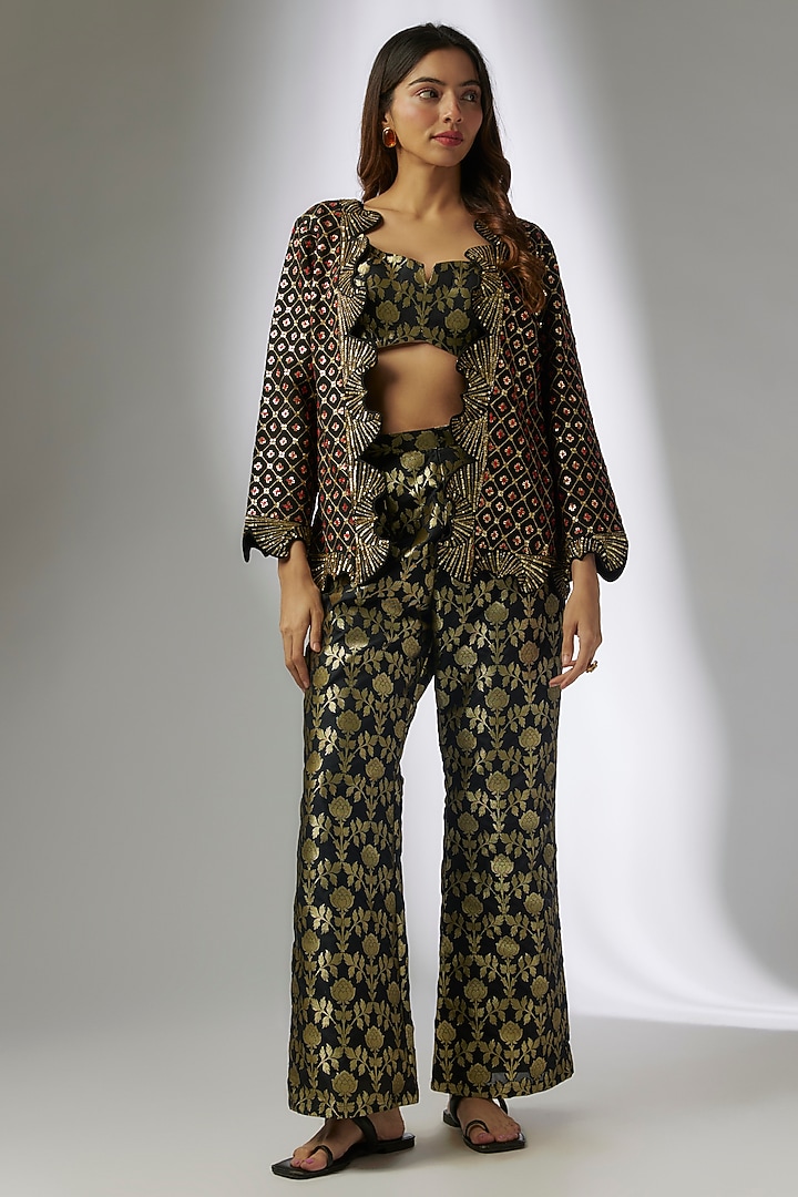 Black Crepe & Silk Brocade Digital Printed Blazer Set by CHARU PARASHAR at Pernia's Pop Up Shop