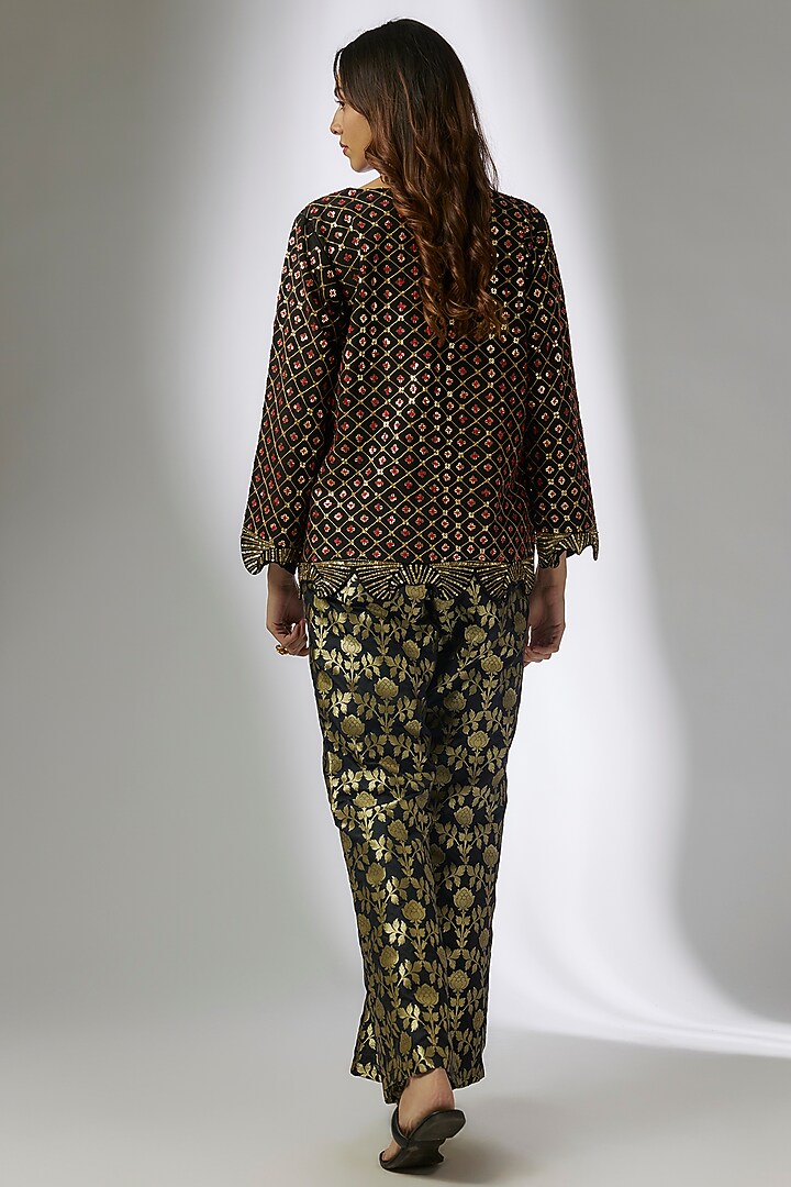 Black Crepe & Silk Brocade Digital Printed Blazer Set by CHARU PARASHAR at Pernia's Pop Up Shop