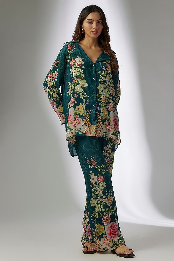 Blue Crepe Digital Printed & Hand Embroidery Pant Set by CHARU PARASHAR at Pernia's Pop Up Shop