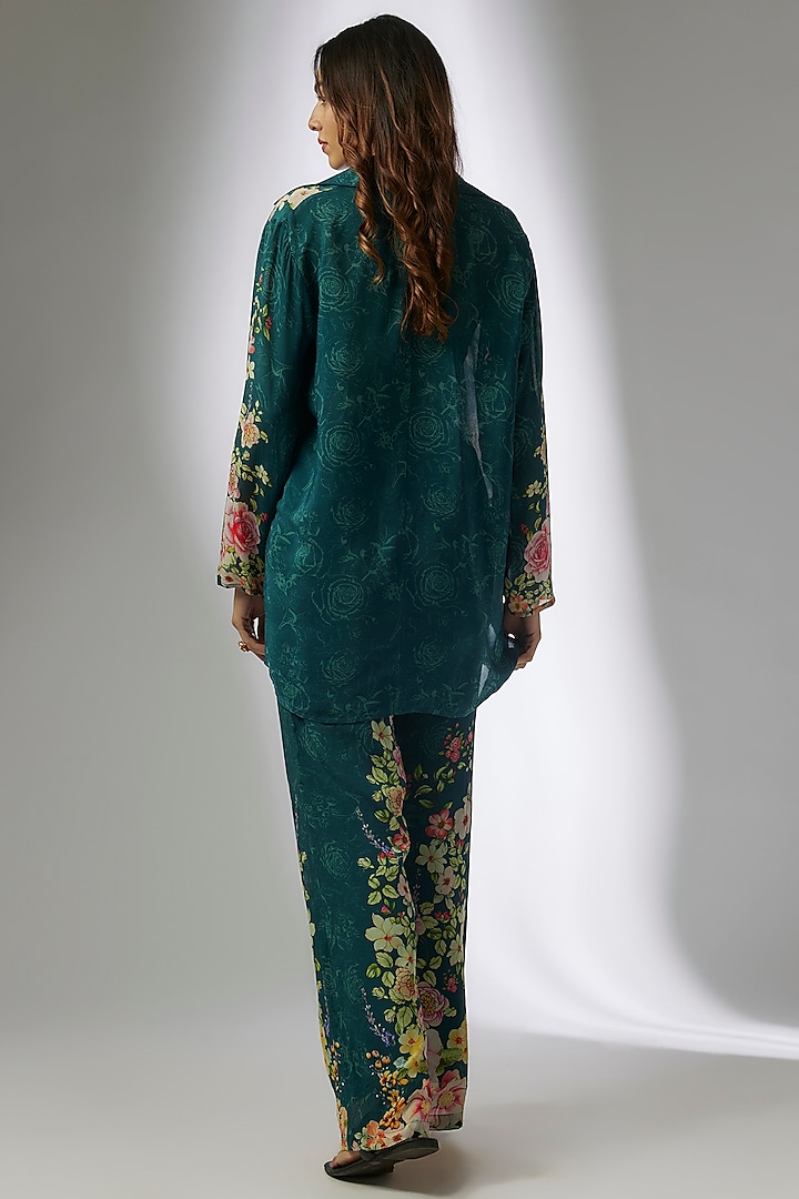 Blue Crepe Digital Printed & Hand Embroidery Pant Set by CHARU PARASHAR at Pernia's Pop Up Shop
