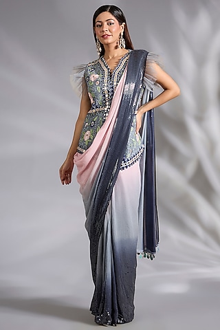 Grey & Pink Shaded Georgette Sequins Work Draped Saree Set by CHARU PARASHAR