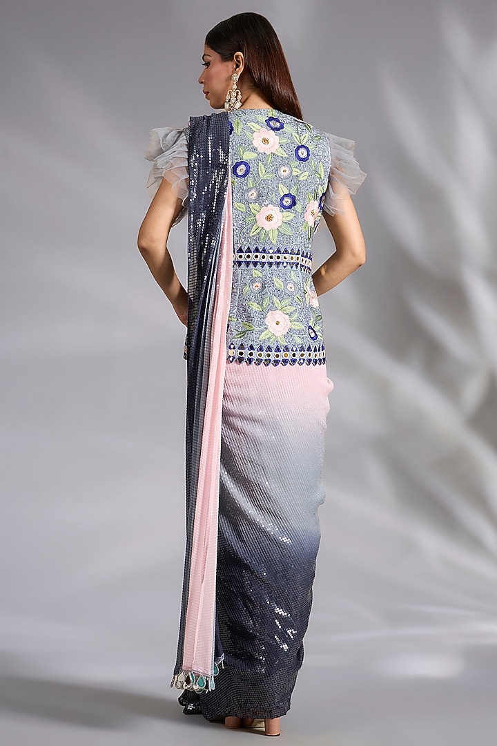 Grey & Pink Shaded Georgette Sequins Work Draped Reception Saree Set by CHARU PARASHAR at Pernia's Pop Up Shop